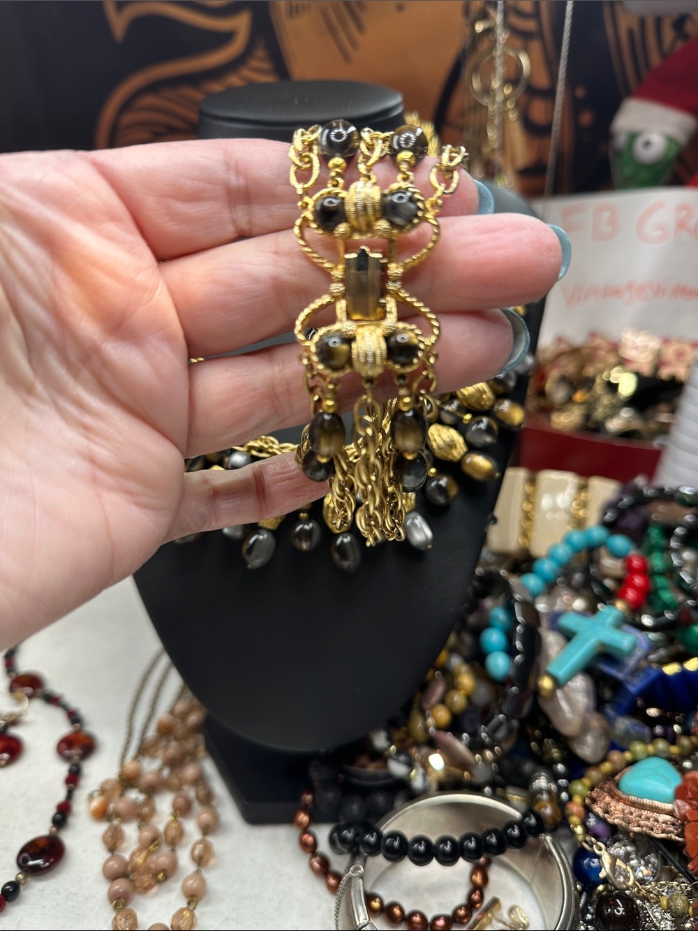 Kramer Signed Gold and Black Beaded Statement Necklace and Matching Bracelet - - Picture 3 of 7